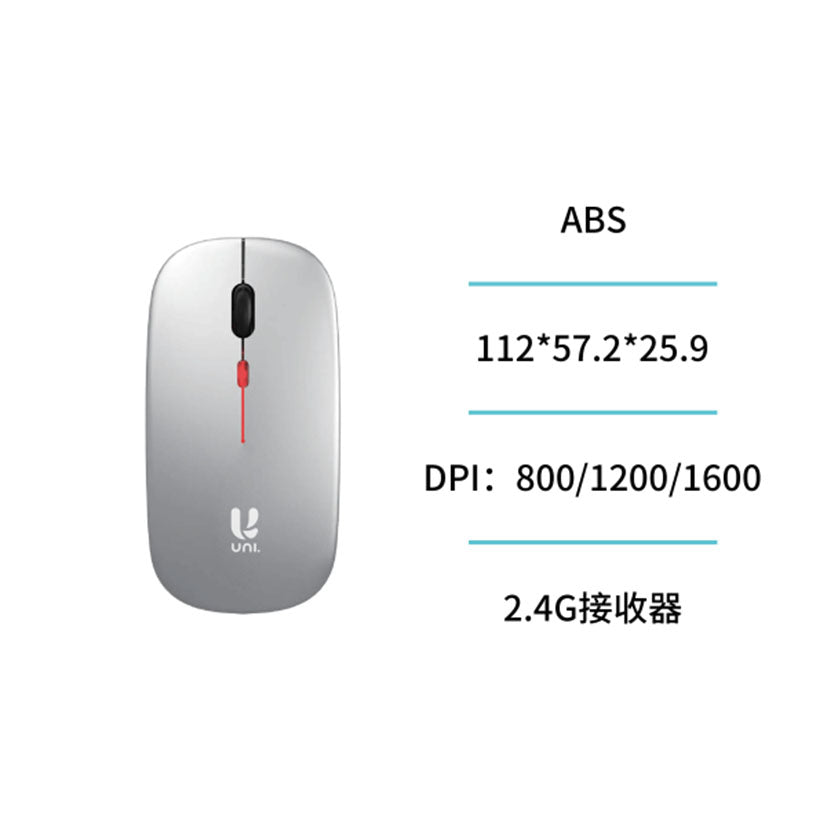Ratón inalámbrico UNICO gris con especificaciones de tamaño y niveles de DPI 800 a 1600