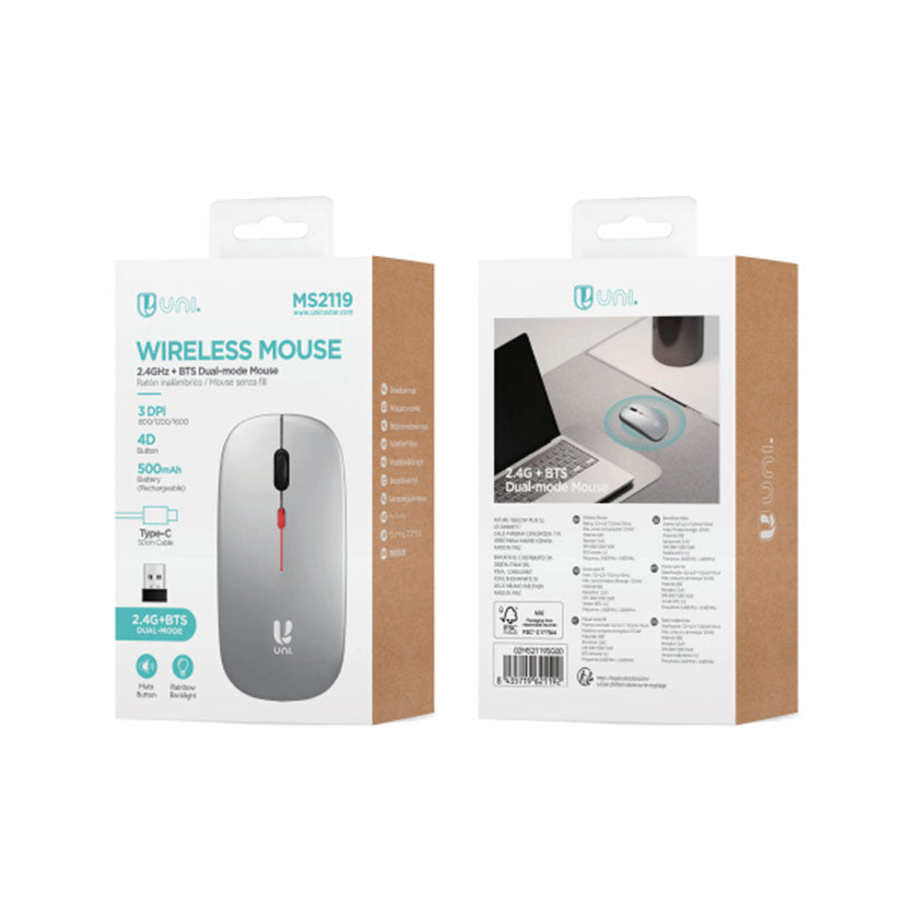 Empaque del ratón dual UNICO MS21119 destacando batería de 500mAh y carga Type-C
