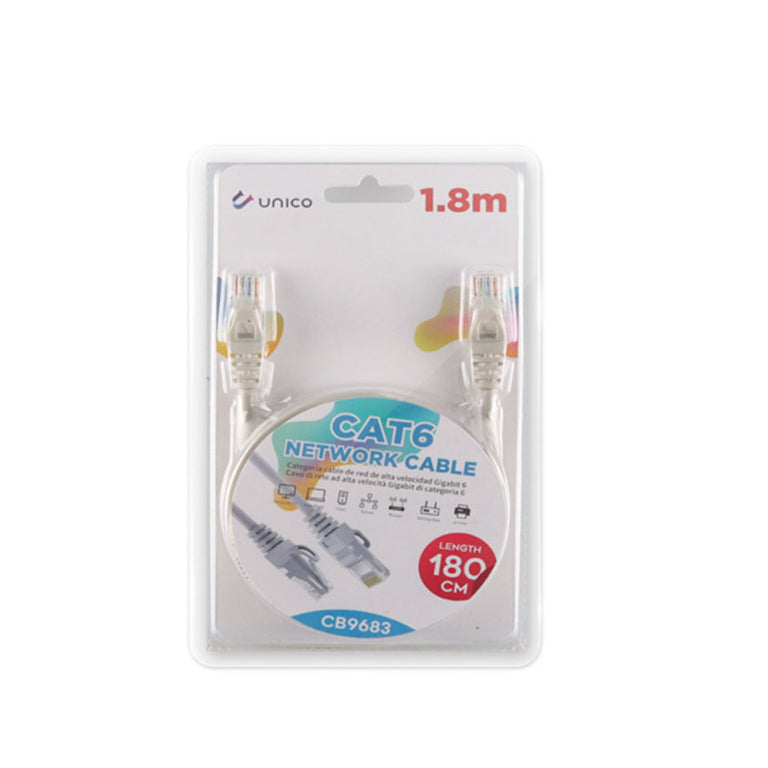 Presentación en blíster del cable de red UNICO CAT6 de 180 cm para alta velocidad.
