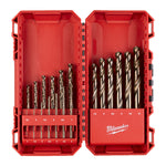 Estuche abierto Milwaukee con 19 brocas de cobalto HSS-G ordenadas por tamaño de 1 a 10 mm