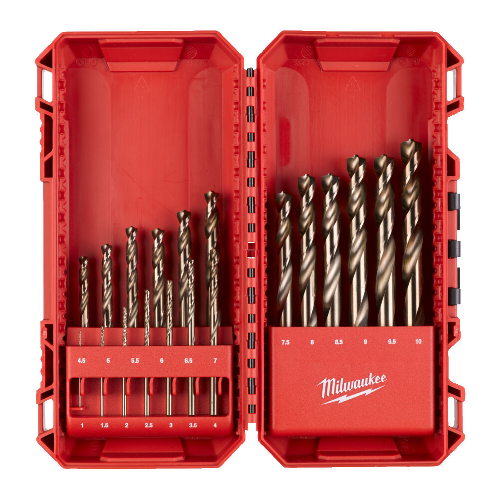 Estuche abierto Milwaukee con 19 brocas de cobalto HSS-G ordenadas por tamaño de 1 a 10 mm