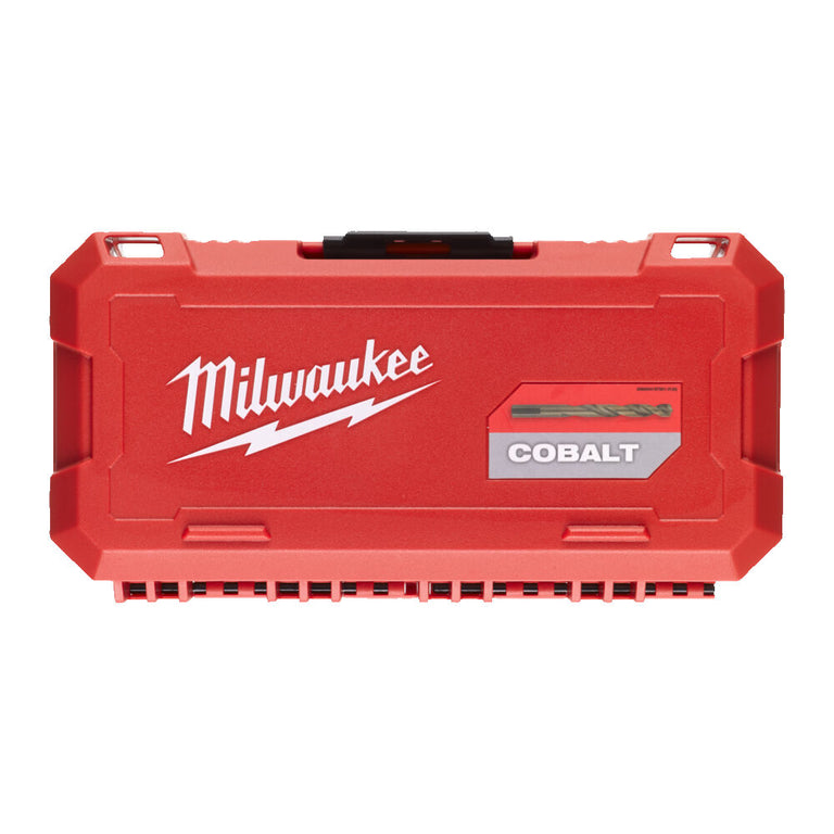 Caja de transporte roja Milwaukee para set de brocas de cobalto con cierre de seguridad y logotipo