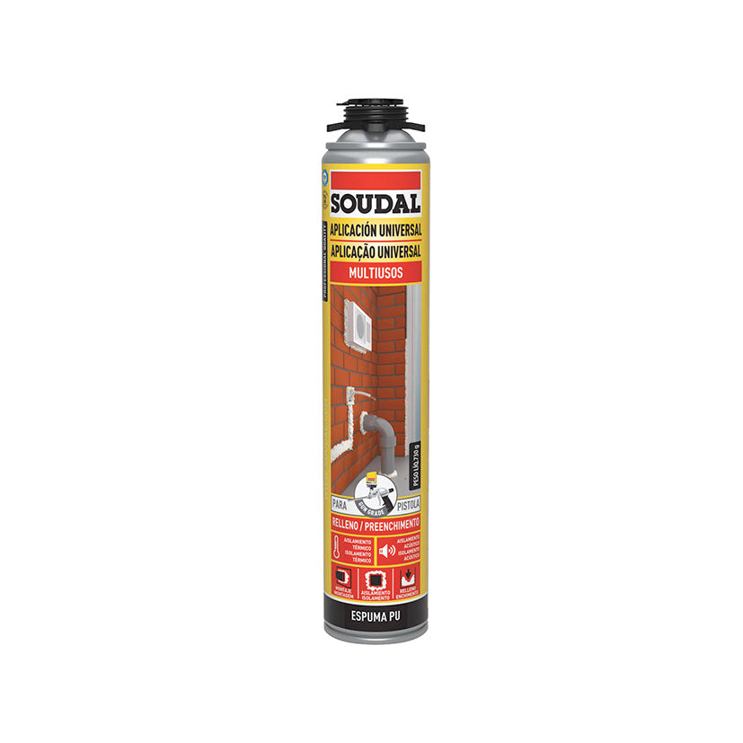 Espuma de poliuretano Soudal Multiusos para aplicación con pistola, envase de 750ml.