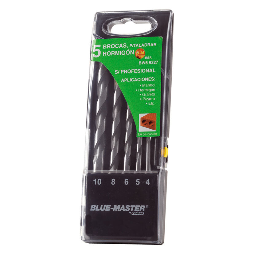 Estuche de 5 brocas profesionales Blue-Master para pared y hormigón, medidas 4 a 10 mm con punta de metal duro.