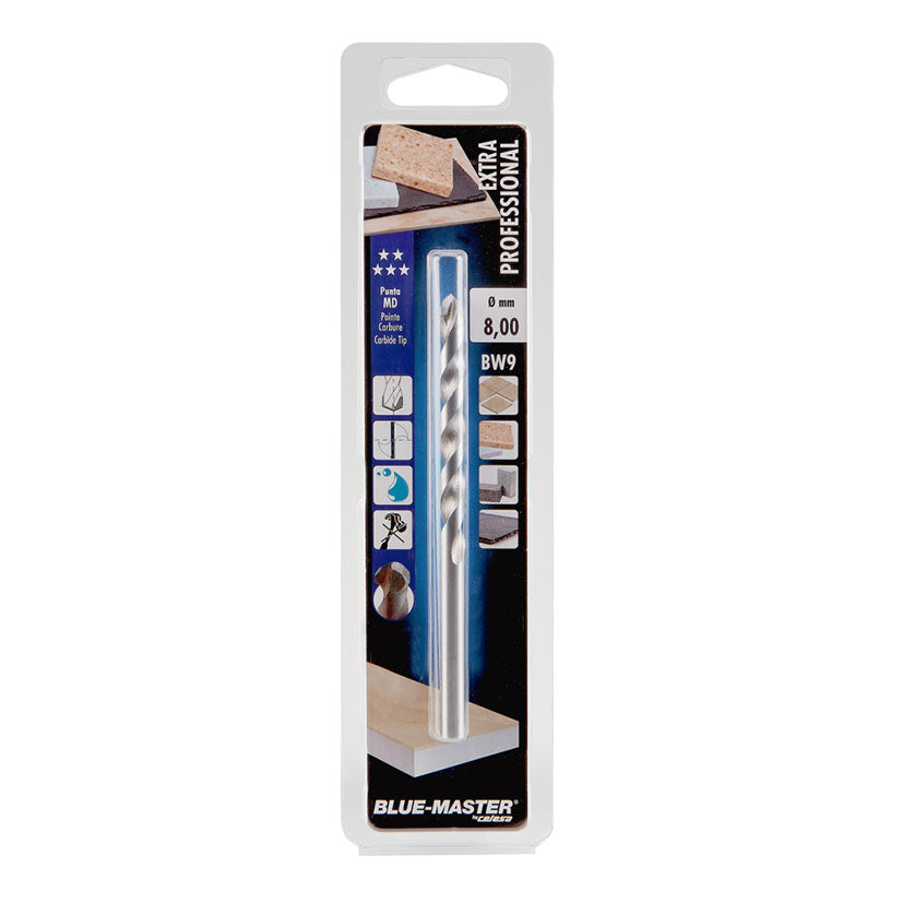 Embalaje profesional de broca Blue-Master BW9 diámetro 8mm con iconos de aplicación y recomendaciones de uso.