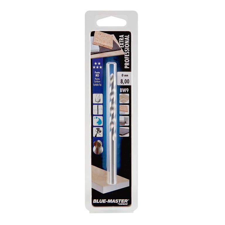 Embalaje profesional de broca Blue-Master BW9 diámetro 8mm con iconos de aplicación y recomendaciones de uso.