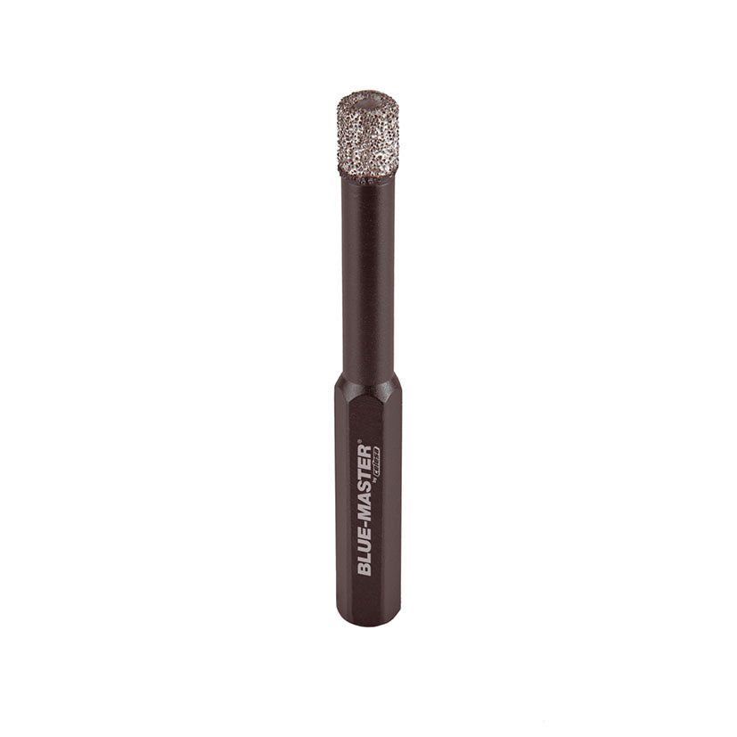 Broca de diamante Blue-Master CPS para corte en seco de porcelánico con mango hexagonal y acabado mate negro.