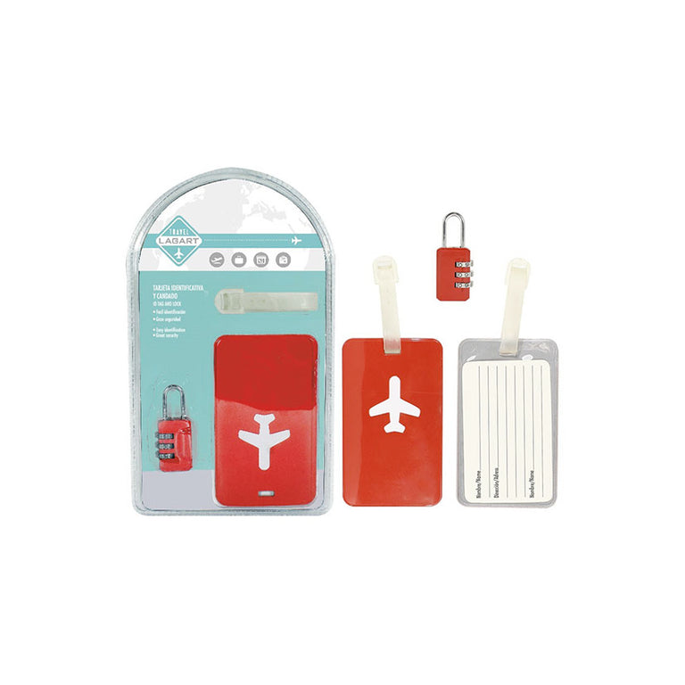 Kit de accesorios de viaje Lagart: tarjeta de identificación roja con icono de avión y candado de combinación