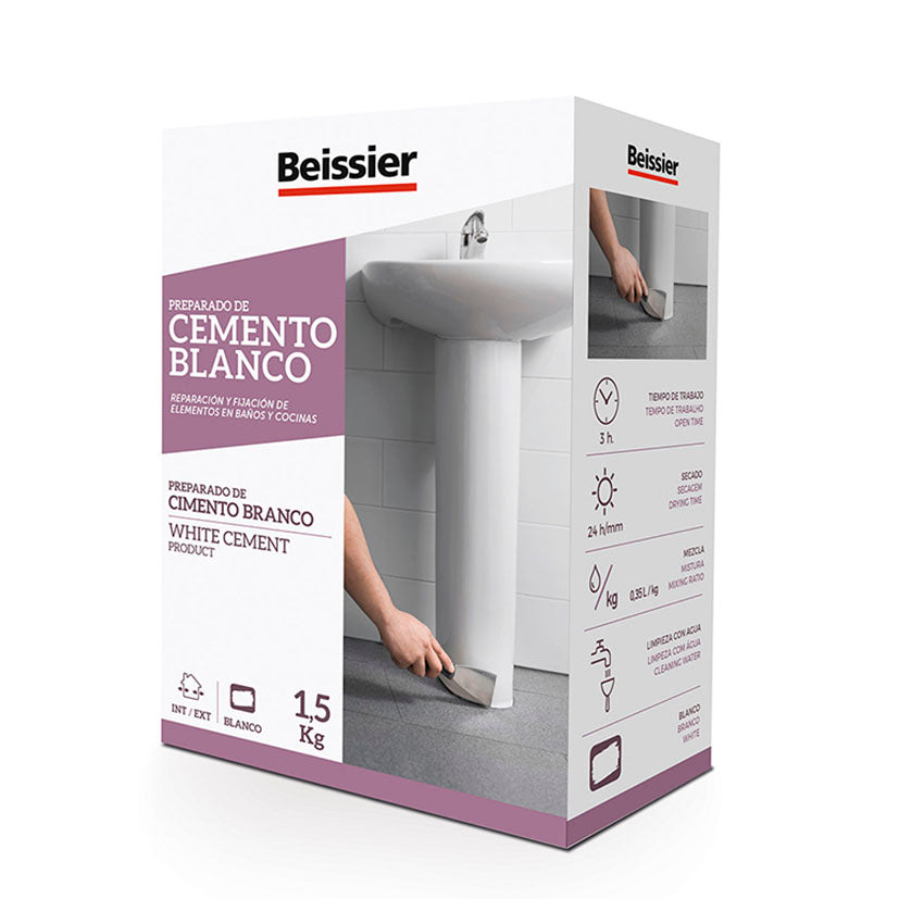 Estuche de 1,5 kg de Cemento Blanco Beissier para reparación y fijación en baños y cocinas.