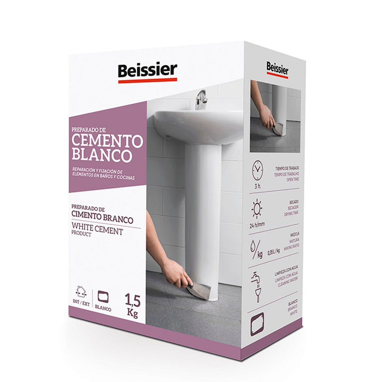 Estuche de 1,5 kg de Cemento Blanco Beissier para reparación y fijación en baños y cocinas.
