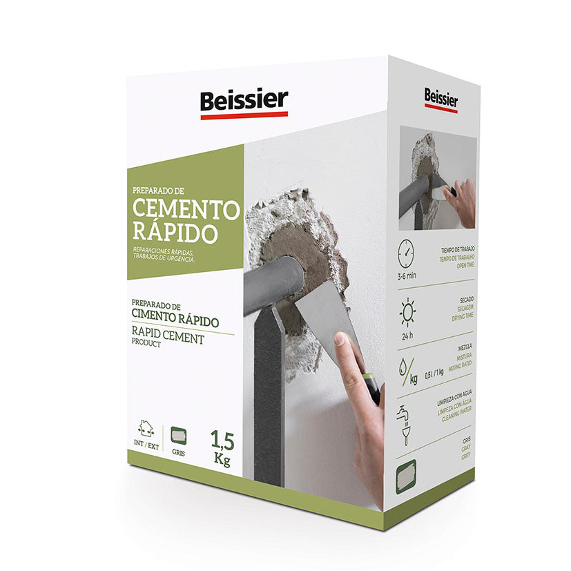 Envase de 1,5 kg de Cemento Rápido Beissier color gris para reparaciones urgentes y fijación en interior y exterior.