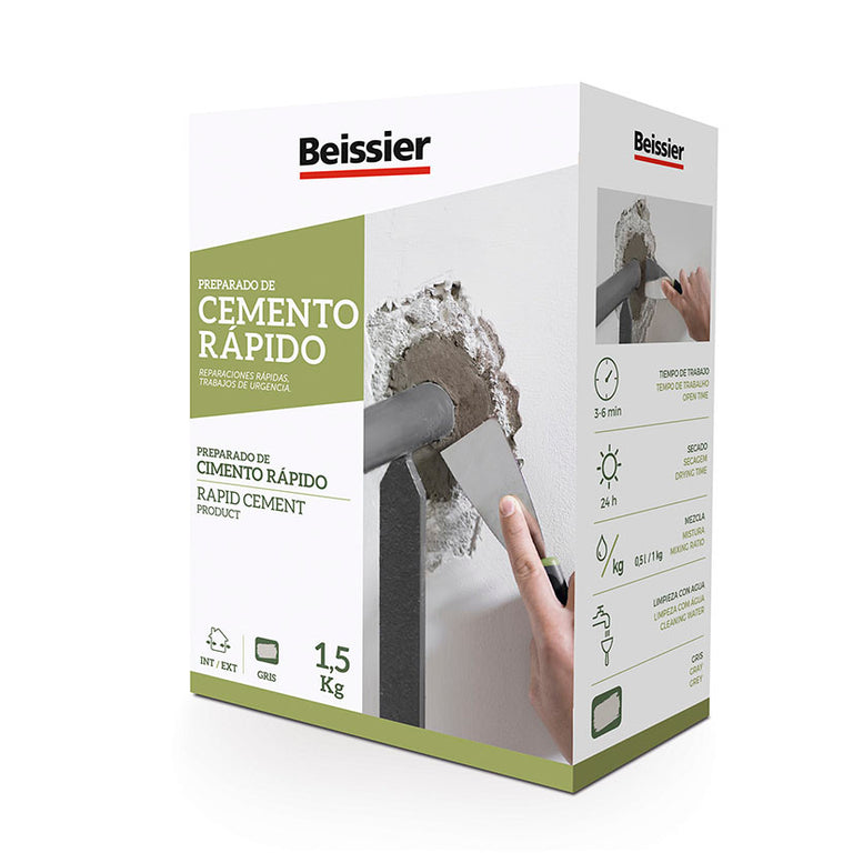 Envase de 1,5 kg de Cemento Rápido Beissier color gris para reparaciones urgentes y fijación en interior y exterior.