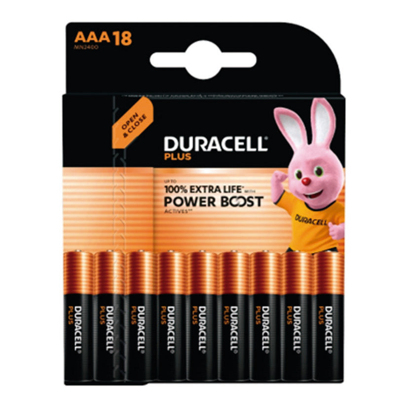 Blíster de 18 pilas Duracell Plus AAA LR03 con sistema de apertura fácil y 100% más de duración