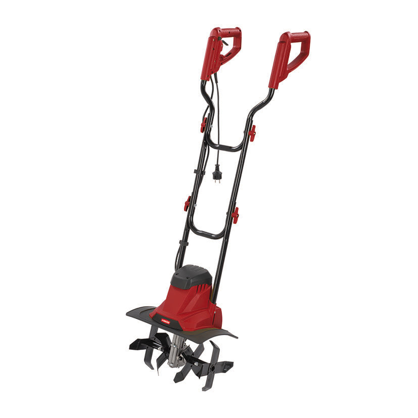 Motoazada eléctrica RATIO R-M1200 de 1200W con doble manillar rojo y 4 cuchillas de acero para labrar.