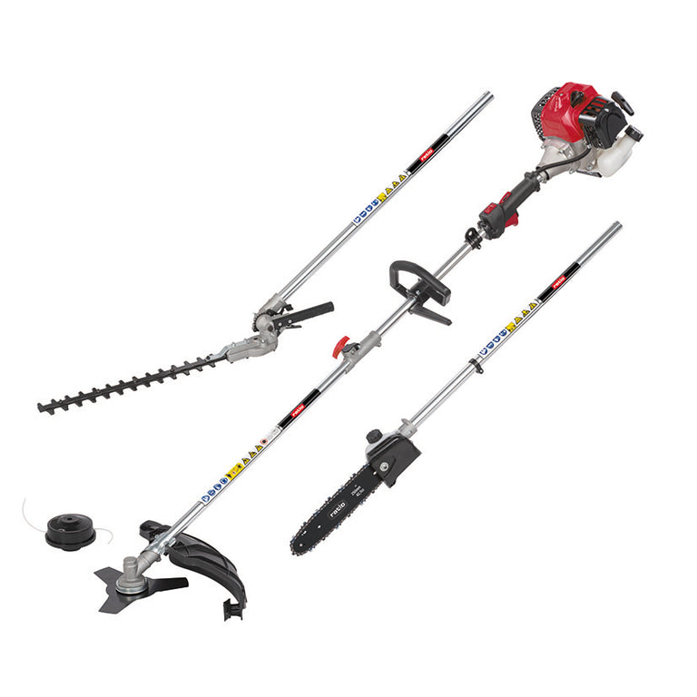 Multiherramienta gasolina Ratio R-M427 4 en 1 con accesorios de desbrozadora, cortasetos y motosierra.