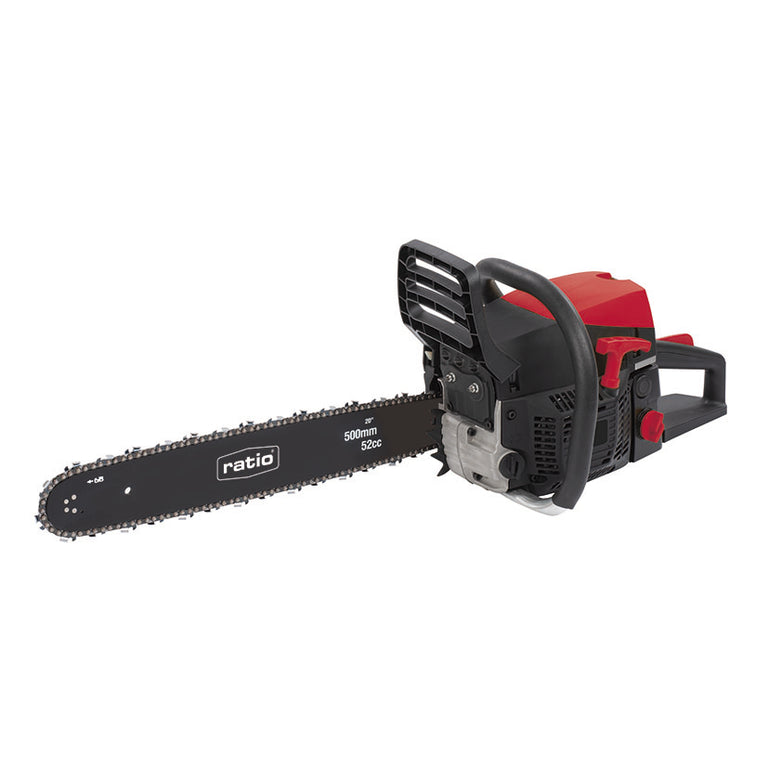 Motosierra de gasolina RATIO R-M520 con espada de 500mm y motor de 52cc vista lateral