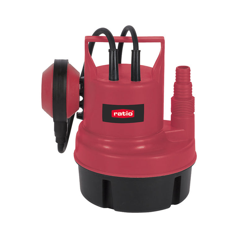 Bomba sumergible Ratio R-BSL200 roja para aguas limpias con interruptor flotante y asa de transporte.