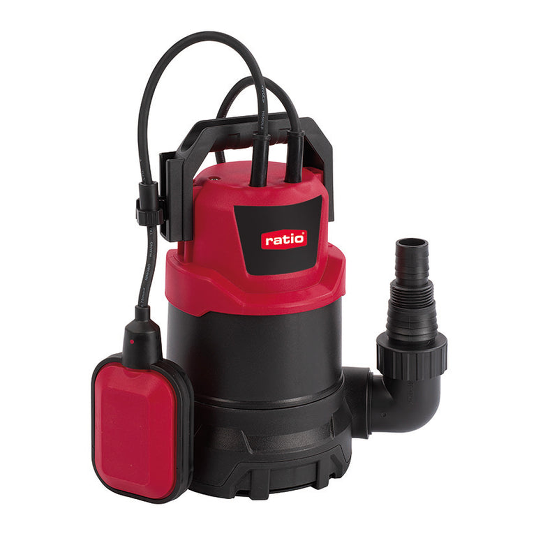 Bomba sumergible RATIO R-BSL400 de 400W color rojo y negro con interruptor flotante y asa de transporte.