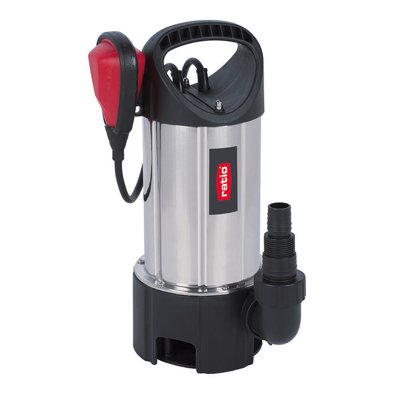 Bomba sumergible para aguas sucias RATIO R-BSS900 de 900W en acero inoxidable con interruptor flotante rojo.