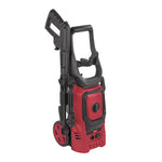 Hidrolimpiadora RATIO R-H1400 roja y negra con diseño vertical compacto y ruedas de transporte.