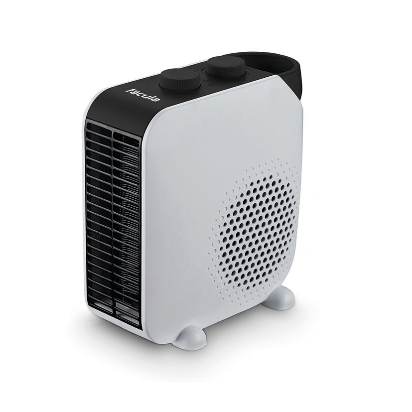Termoventilador eléctrico Fácula Evo 2000W blanco y negro con termostato ajustable y diseño de doble posición.