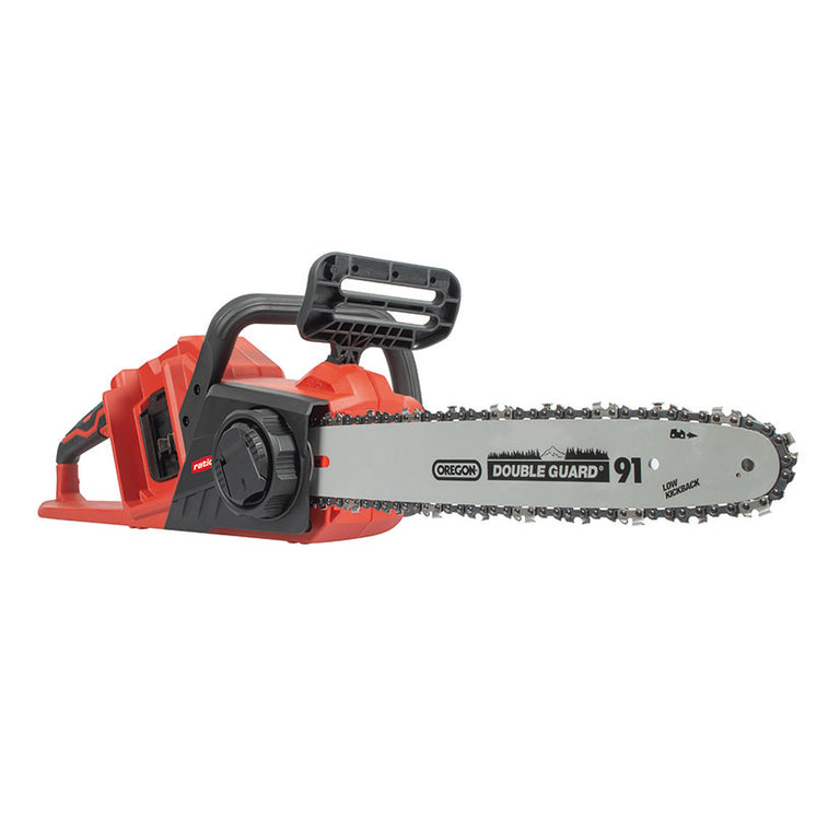 Motosierra a batería RATIO R-MS40-B con espada Oregon de 350mm y motor brushless rojo y negro.