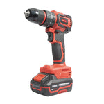 Taladro percutor a batería RATIO R-AT40A 18V con motor Brushless y diseño ergonómico rojo y negro.