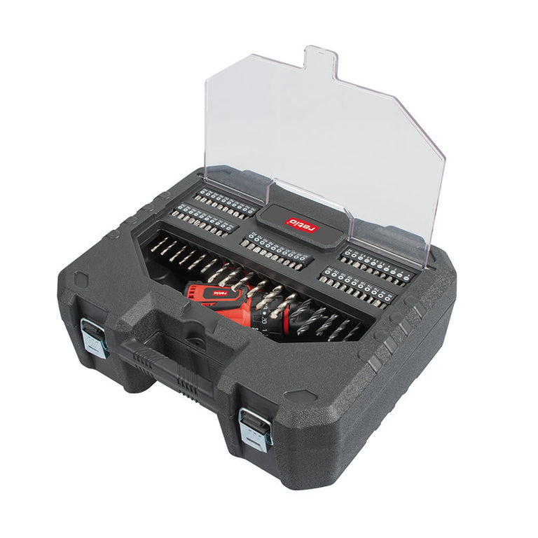 Maletín de transporte abierto con taladro RATIO y set completo de 68 accesorios incluyendo brocas y puntas.