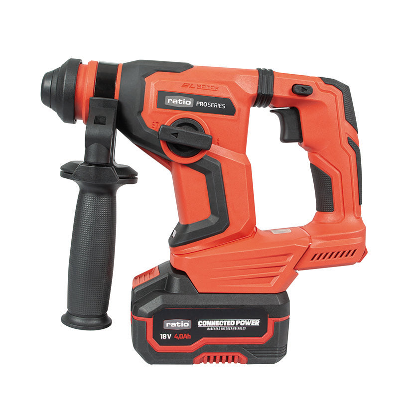 Martillo perforador RATIO 18V con batería de litio instalada y empuñadura auxiliar antivibración.