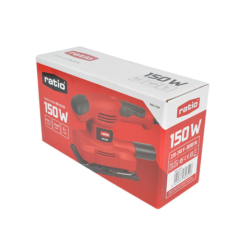 Caja del producto Lijadora Orbital RATIO Basic RB-LO150 con especificaciones técnicas de 150W y 12.000 rpm.