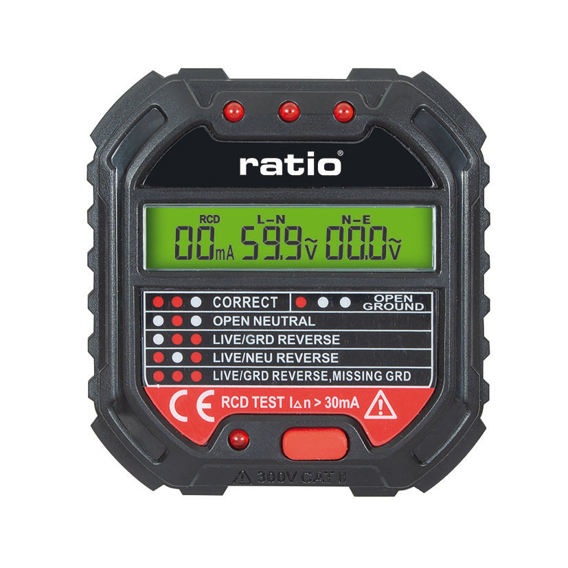 Comprobador de enchufes digital RATIO HT-107D con pantalla LCD y códigos de error LED.