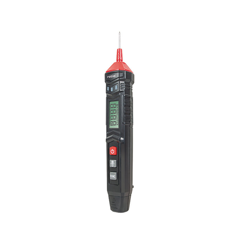 Vista lateral del medidor de voltaje RATIO HT-121 mostrando su diseño ergonómico y punta de prueba roja.