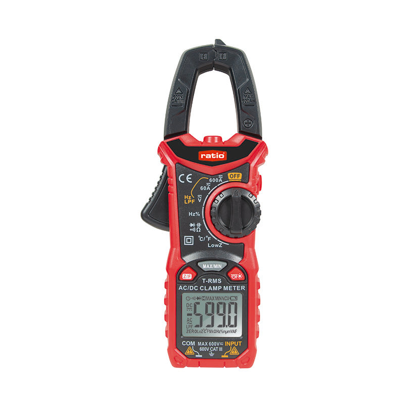 Pinza amperimétrica digital RATIO HT-206D roja y negra con pantalla LCD y selector giratorio de funciones