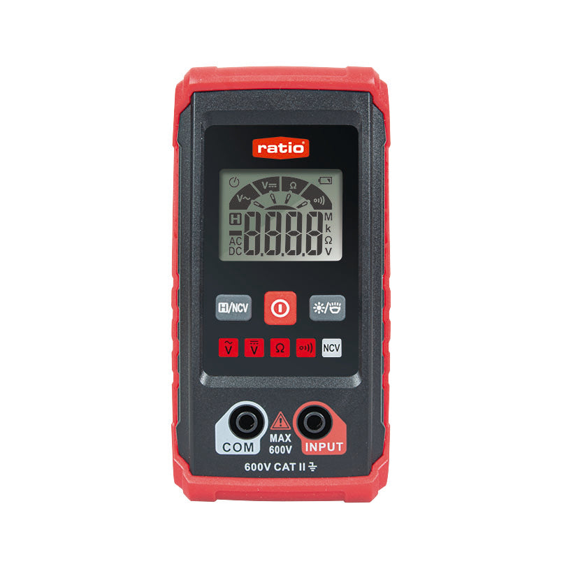 Multímetro digital RATIO HT-123 frontal con pantalla LCD y botones de función NCV y linterna