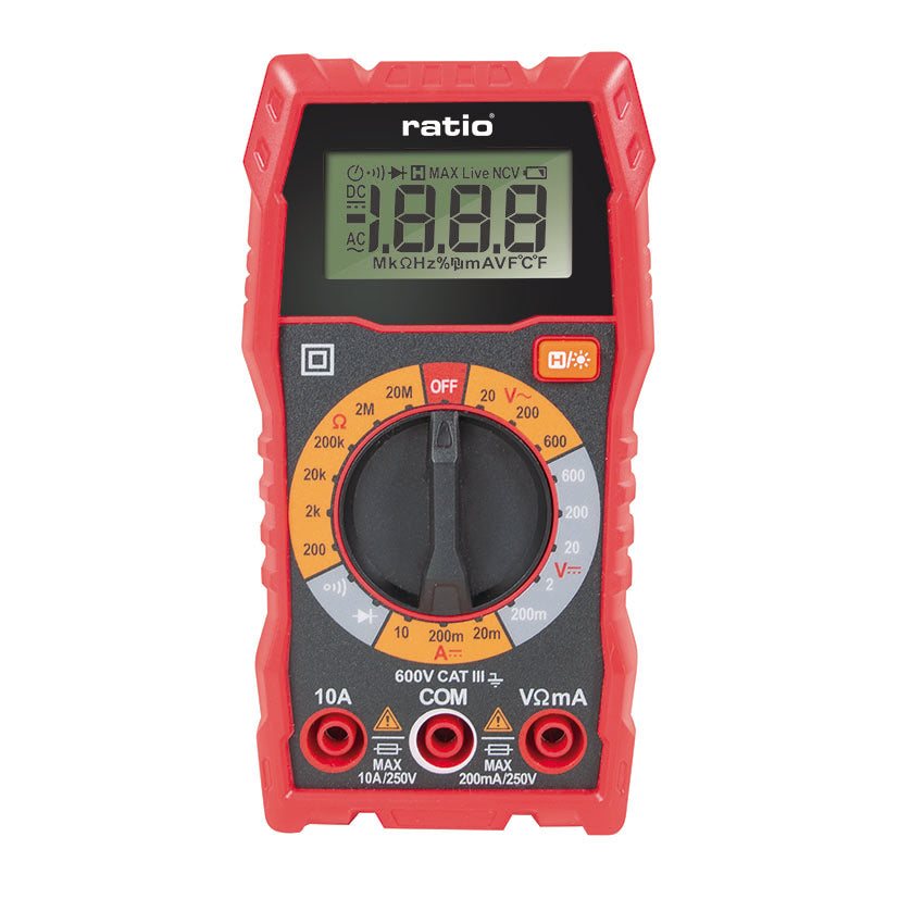 Multímetro digital RATIO HT-108L con pantalla LCD y dial de funciones en carcasa roja protectora