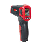 Vista lateral del termómetro láser RATIO HT-605A mostrando el gatillo y diseño ergonómico rojo y negro.
