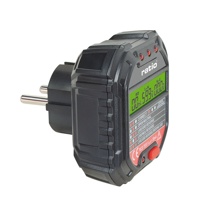 Perfil del comprobador de enchufes RATIO HT-107D con clavija tipo Schuko para tomas de corriente.