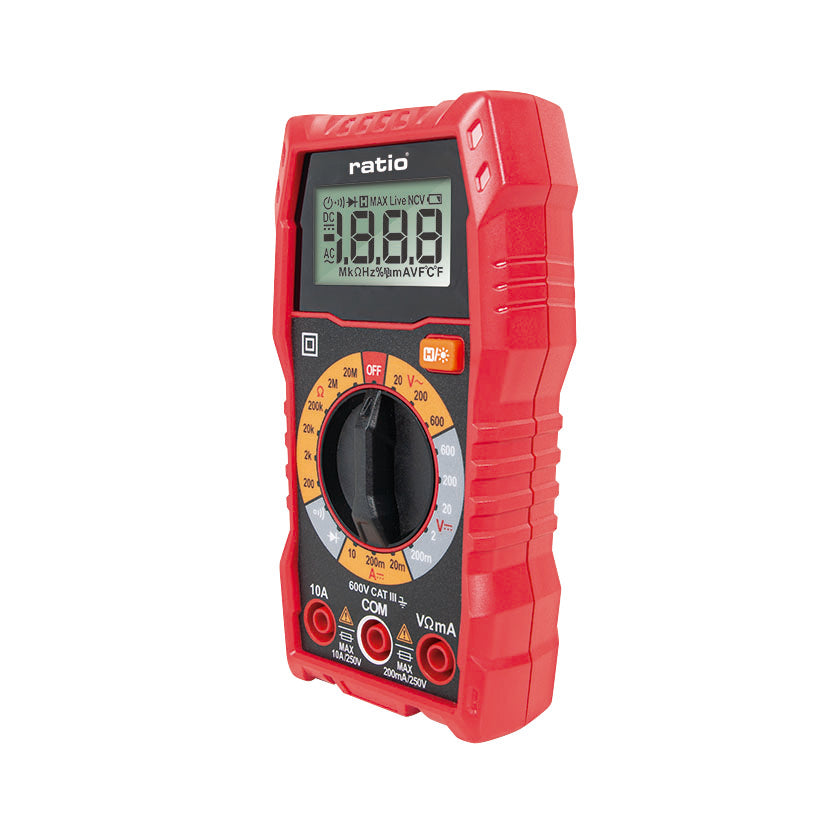 Vista lateral del multímetro RATIO HT-108L mostrando su diseño ergonómico y robusto