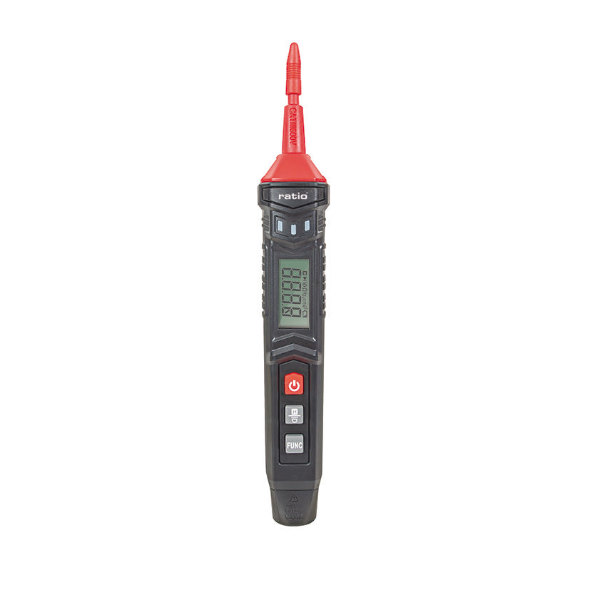 Frontal del comprobador RATIO HT-121 con indicación de seguridad CAT III 600V y controles intuitivos.