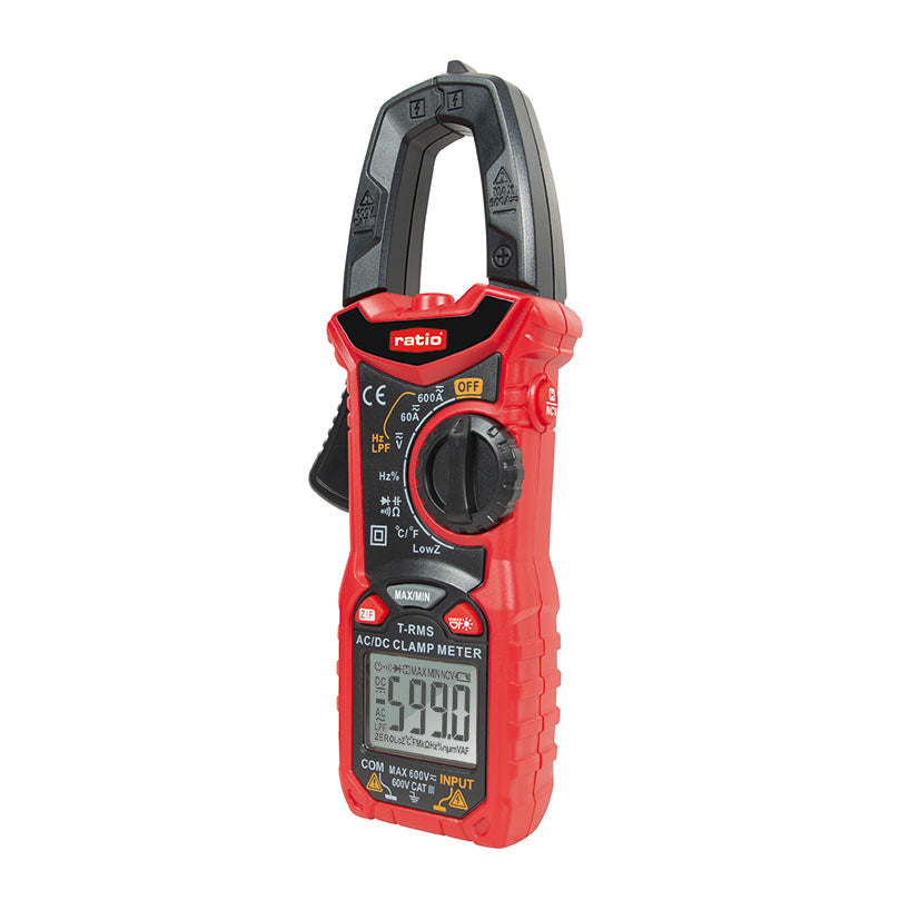 Pinza amperimétrica digital RATIO HT-206D roja y negra con pantalla LCD y selector giratorio de funciones