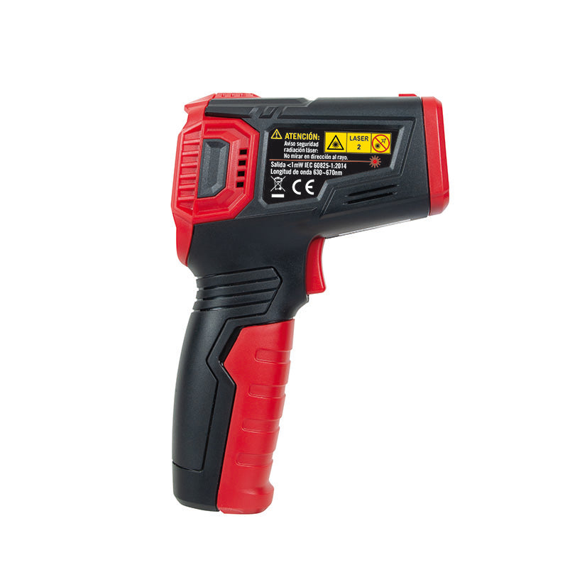 Detalle de la etiqueta técnica y advertencia láser en el lateral del medidor de temperatura RATIO.