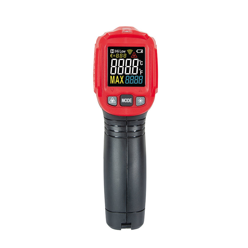 Termómetro infrarrojo RATIO HT-605A con pantalla digital LCD y botones de control frontales.