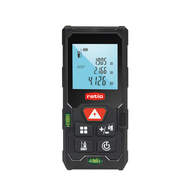 Medidor láser RATIO RLM50 con pantalla digital retroiluminada y niveles de burbuja integrados para medición de 50 metros