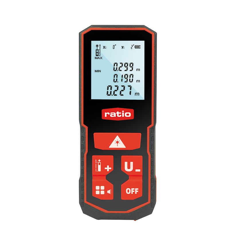 Medidor de distancias láser verde RATIO RLM120 con pantalla digital y botones de función