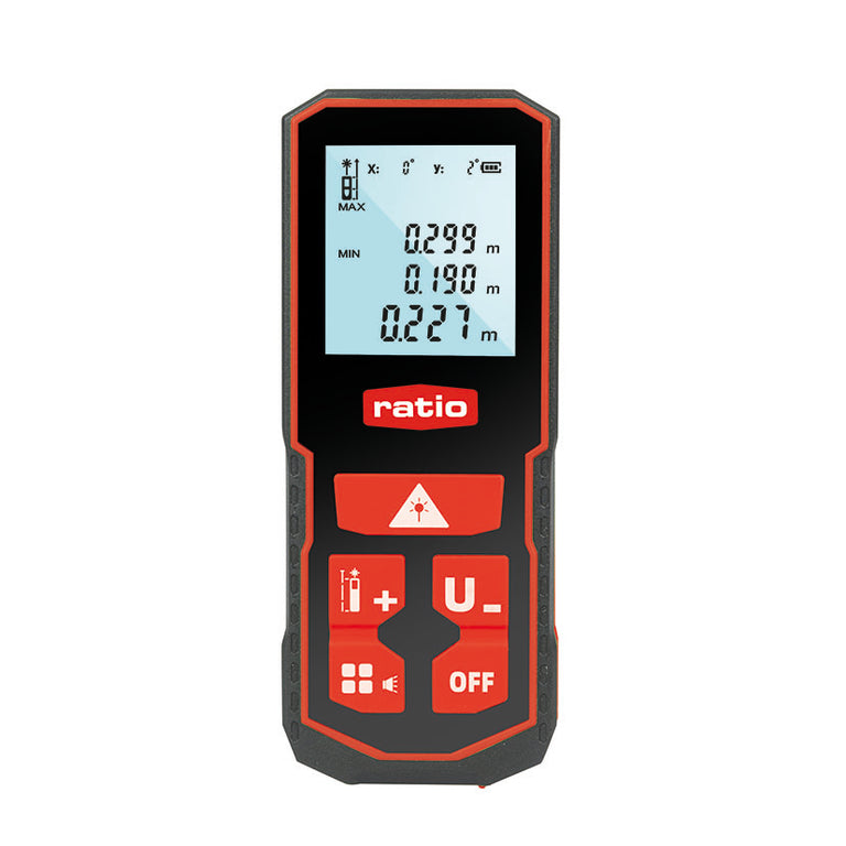 Medidor de distancias láser verde RATIO RLM120 con pantalla digital y botones de función
