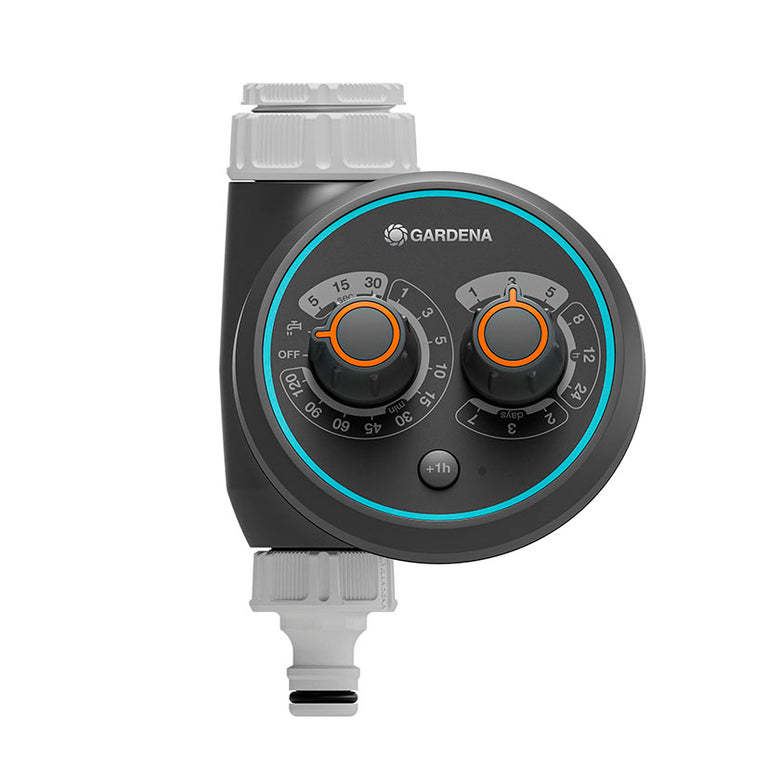 Programador de riego GARDENA Water Control Easy Plus con dos diales de control naranjas y cuerpo gris resistente