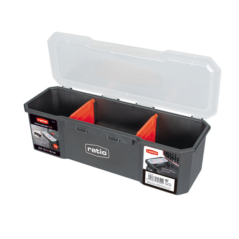 Estuche organizador modular RATIO 7710H con tapa transparente y divisores naranjas extraíbles para taller