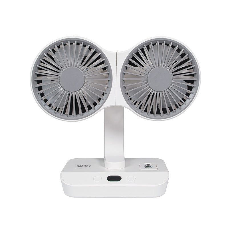 Ventilador dual USB Habitex V10 blanco con dos cabezales orientables y base con botones de control