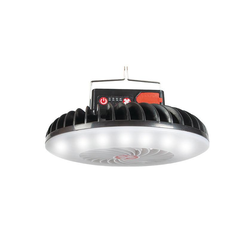 Mini ventilador de techo portátil HABITEX V30 con luz LED blanca y gancho metálico para colgar.