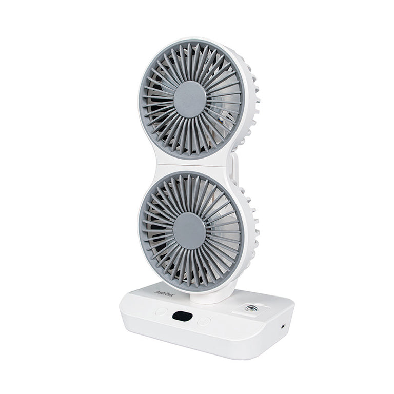 Ventilador portátil Habitex V10 plegado en posición vertical mostrando su diseño compacto y articulado